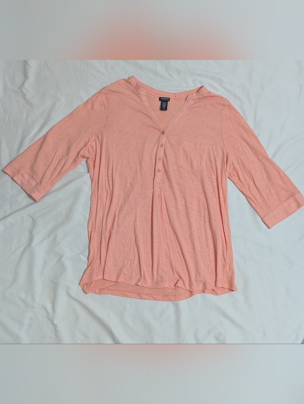 Torrid 3/4-sleeve textured roll-cuff Henley Top, Color Peach/Coral Size 2x